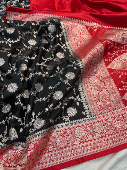 Black Red Banarasi Mashru Silk Saree