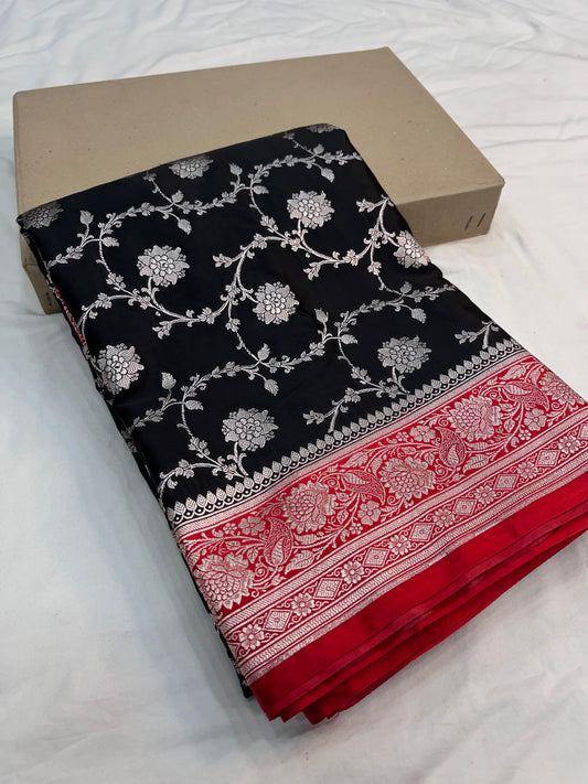 Black Red Banarasi Mashru Silk Saree