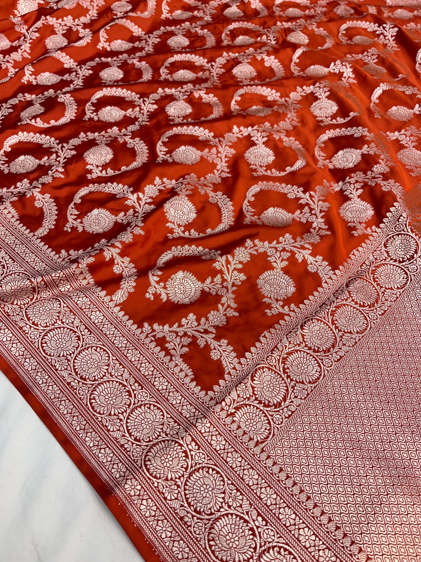 Rust Orange Banarasi Jaal Mashru Silk Saree MS01