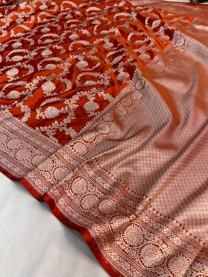 Rust Orange Banarasi Jaal Mashru Silk Saree MS01