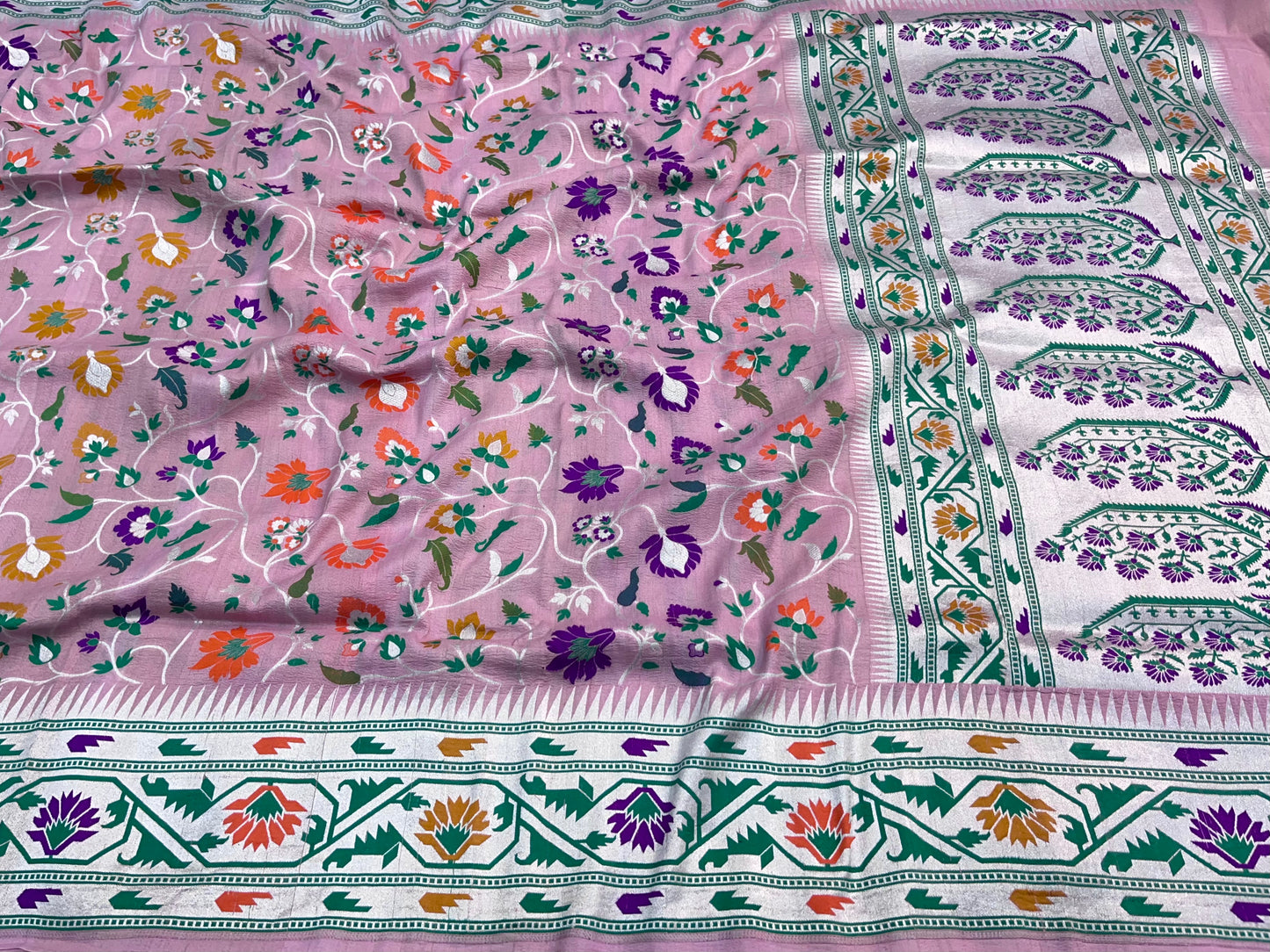 Banarasi Handloom Pure Tusser Silk Pink Minakari Saree