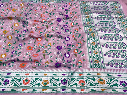 Banarasi Handloom Pure Tusser Silk Pink Minakari Saree