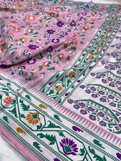 Banarasi Handloom Pure Tusser Silk Pink Minakari Saree