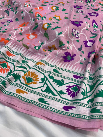 Banarasi Handloom Pure Tusser Silk Pink Minakari Saree