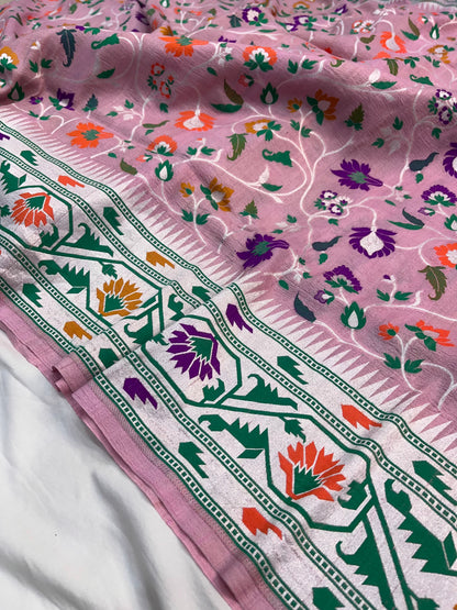 Banarasi Handloom Pure Tusser Silk Pink Minakari Saree