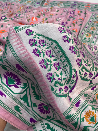 Banarasi Handloom Pure Tusser Silk Pink Minakari Saree