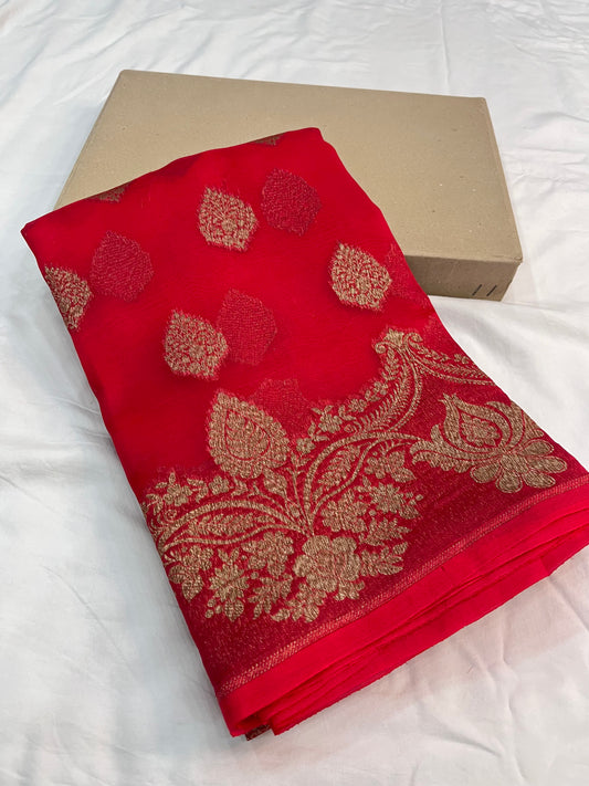 Red  Banarasi Handloom Kora Organza Silk Saree