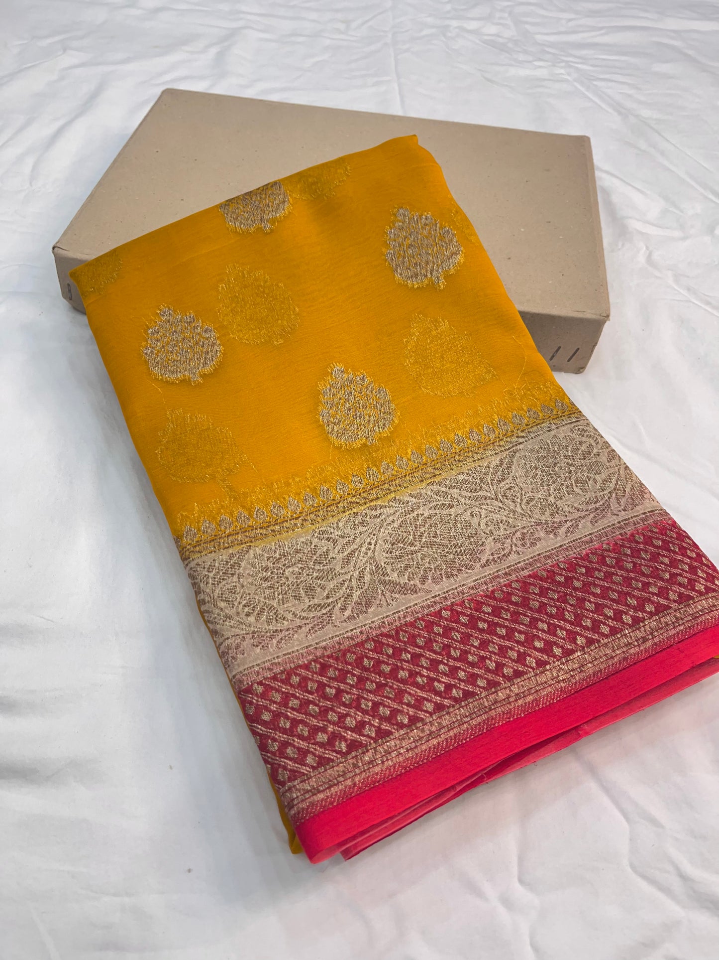 Yellow Red Banarasi Kora Organza Silk Saree