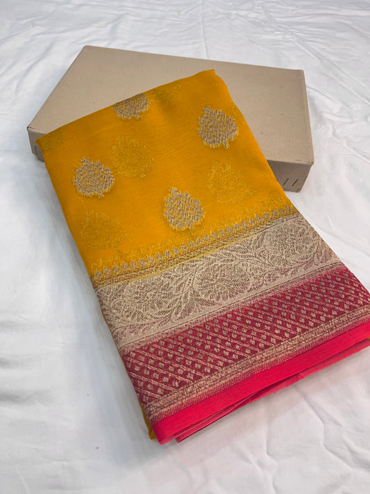 Yellow Red Banarasi Kora Organza Silk Saree