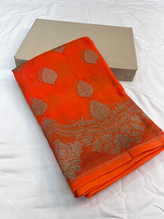 Orange  Banarasi Handloom Kora Organza Silk Saree
