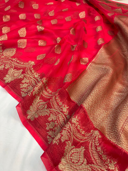 Red  Banarasi Handloom Kora Organza Silk Saree