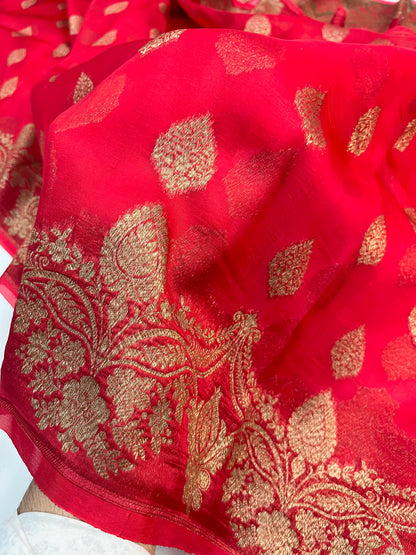 Red  Banarasi Handloom Kora Organza Silk Saree