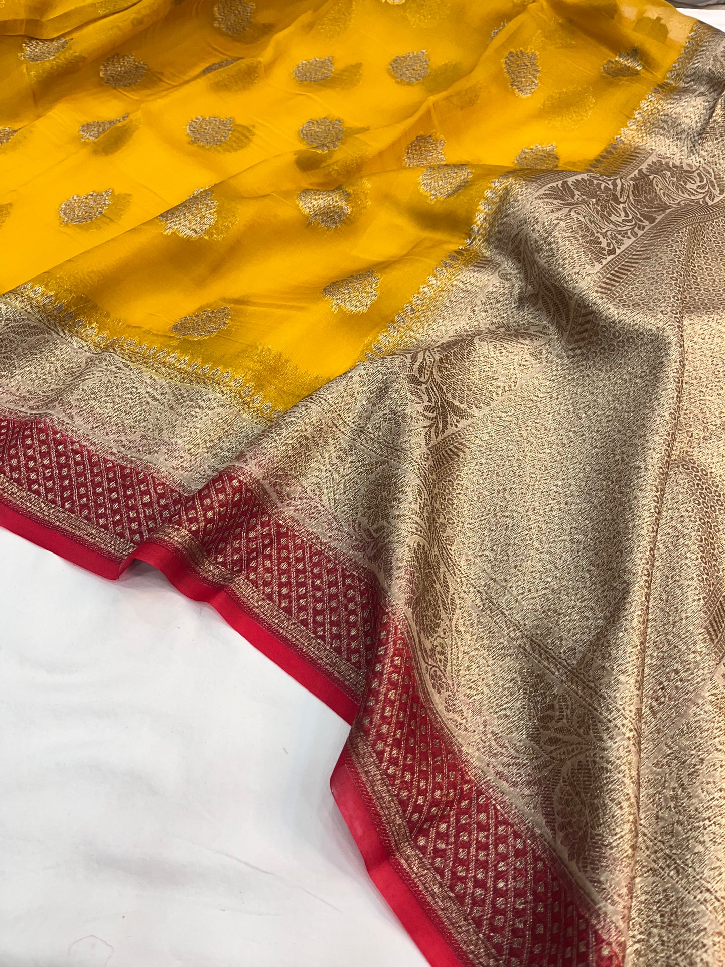 Yellow Red Banarasi Kora Organza Silk Saree