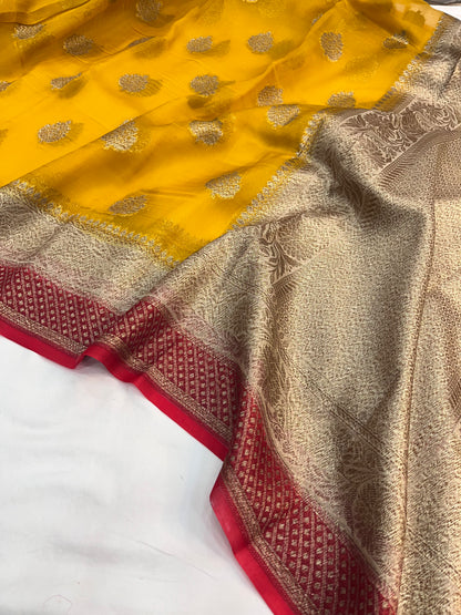 Yellow Red Banarasi Kora Organza Silk Saree