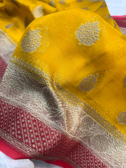 Yellow Red Banarasi Kora Organza Silk Saree