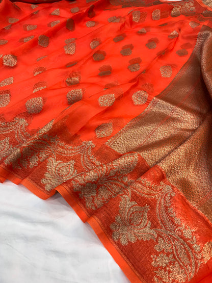 Orange  Banarasi Handloom Kora Organza Silk Saree