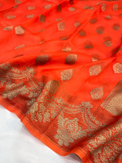 Orange  Banarasi Handloom Kora Organza Silk Saree