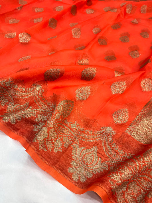 Orange  Banarasi Handloom Kora Organza Silk Saree