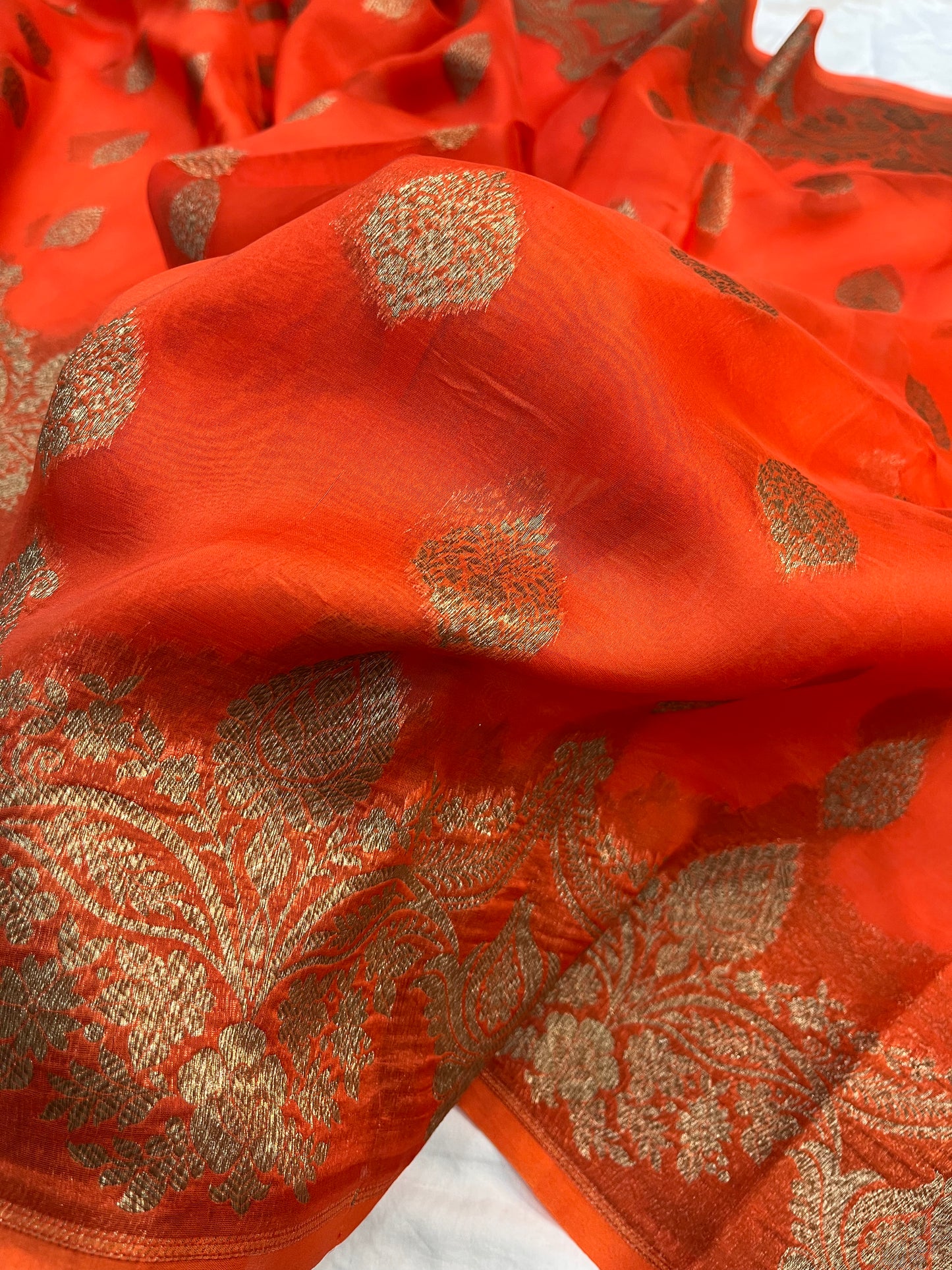 Orange  Banarasi Handloom Kora Organza Silk Saree