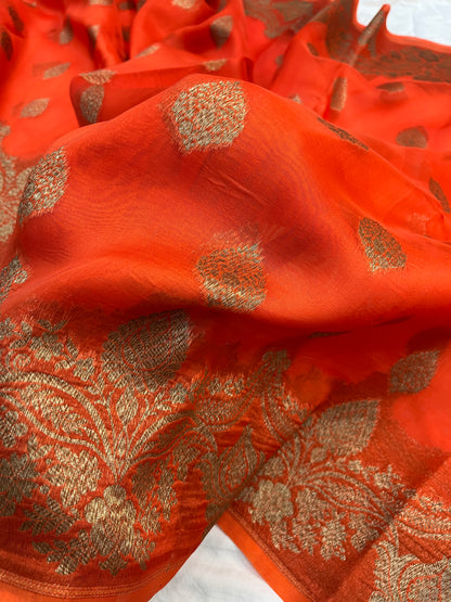 Orange  Banarasi Handloom Kora Organza Silk Saree