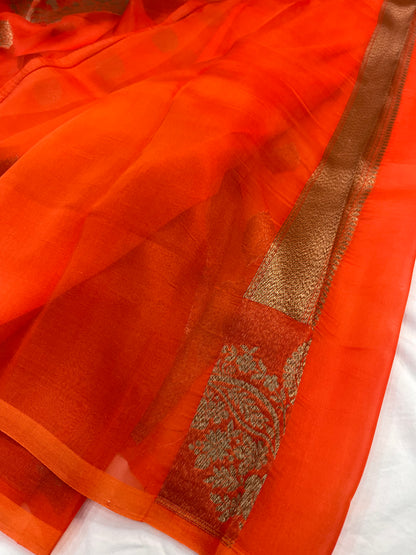 Orange  Banarasi Handloom Kora Organza Silk Saree