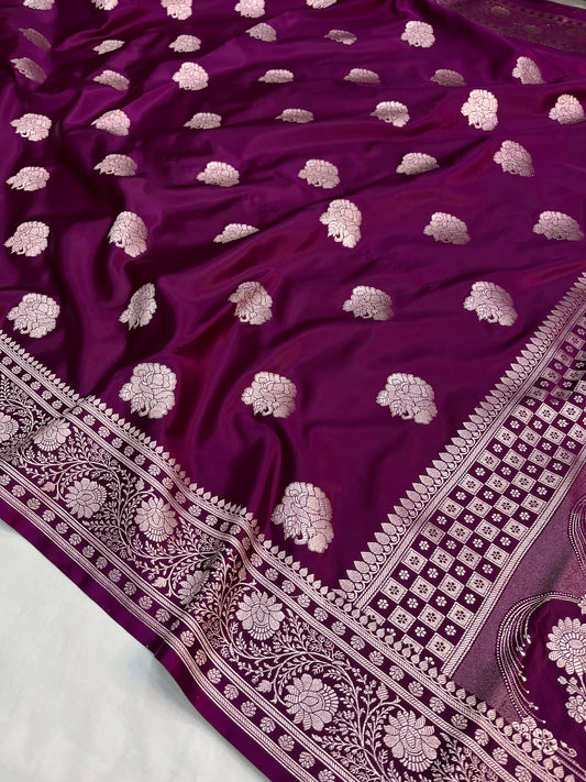 Wine Shades Banarasi Floral Buta Mashru Silk Saree