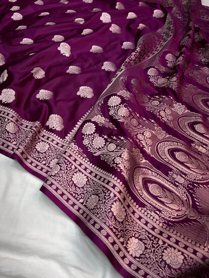 Wine Shades Banarasi Floral Buta Mashru Silk Saree