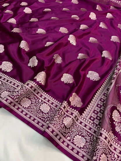 Wine Shades Banarasi Floral Buta Mashru Silk Saree