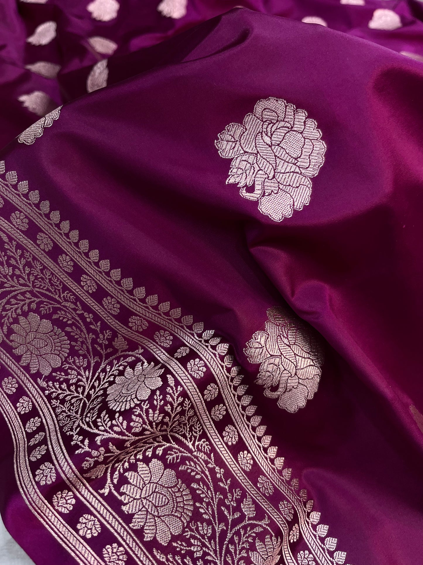 Wine Shades Banarasi Floral Buta Mashru Silk Saree