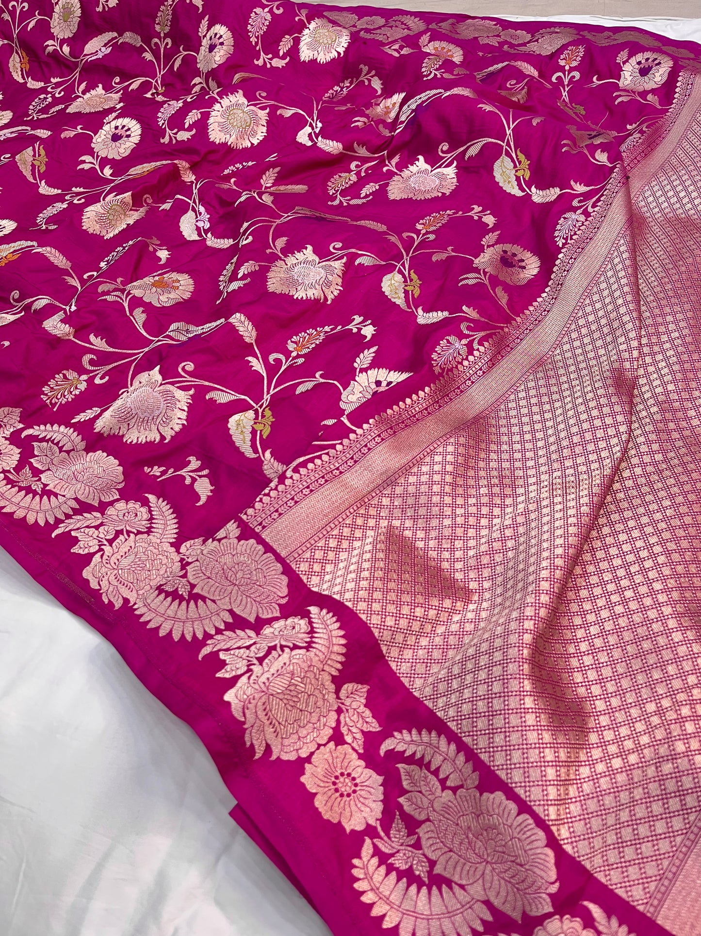 Rani Pink Banarasi Katan Silk Floral Jaal Work Saree
