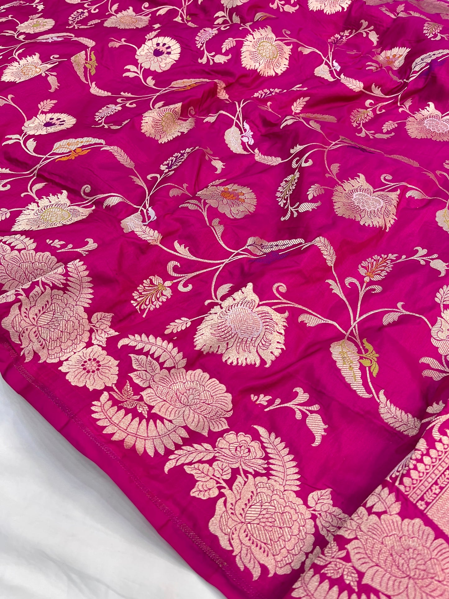 Rani Pink Banarasi Katan Silk Floral Jaal Work Saree