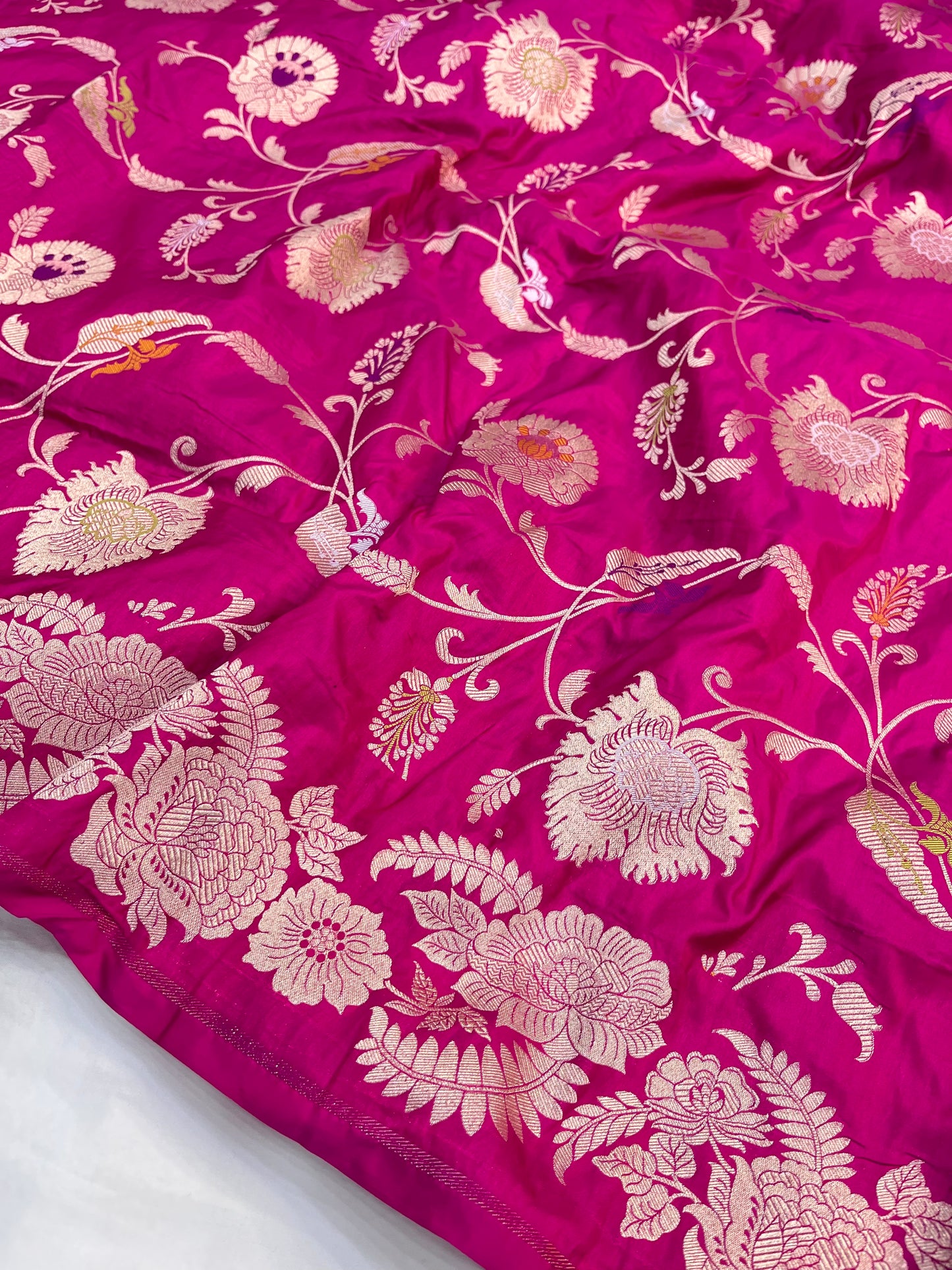 Rani Pink Banarasi Katan Silk Floral Jaal Work Saree