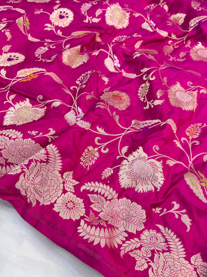 Rani Pink Banarasi Katan Silk Floral Jaal Work Saree
