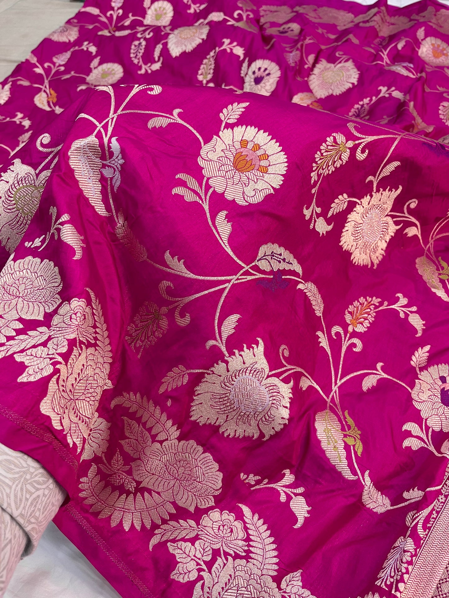 Rani Pink Banarasi Katan Silk Floral Jaal Work Saree