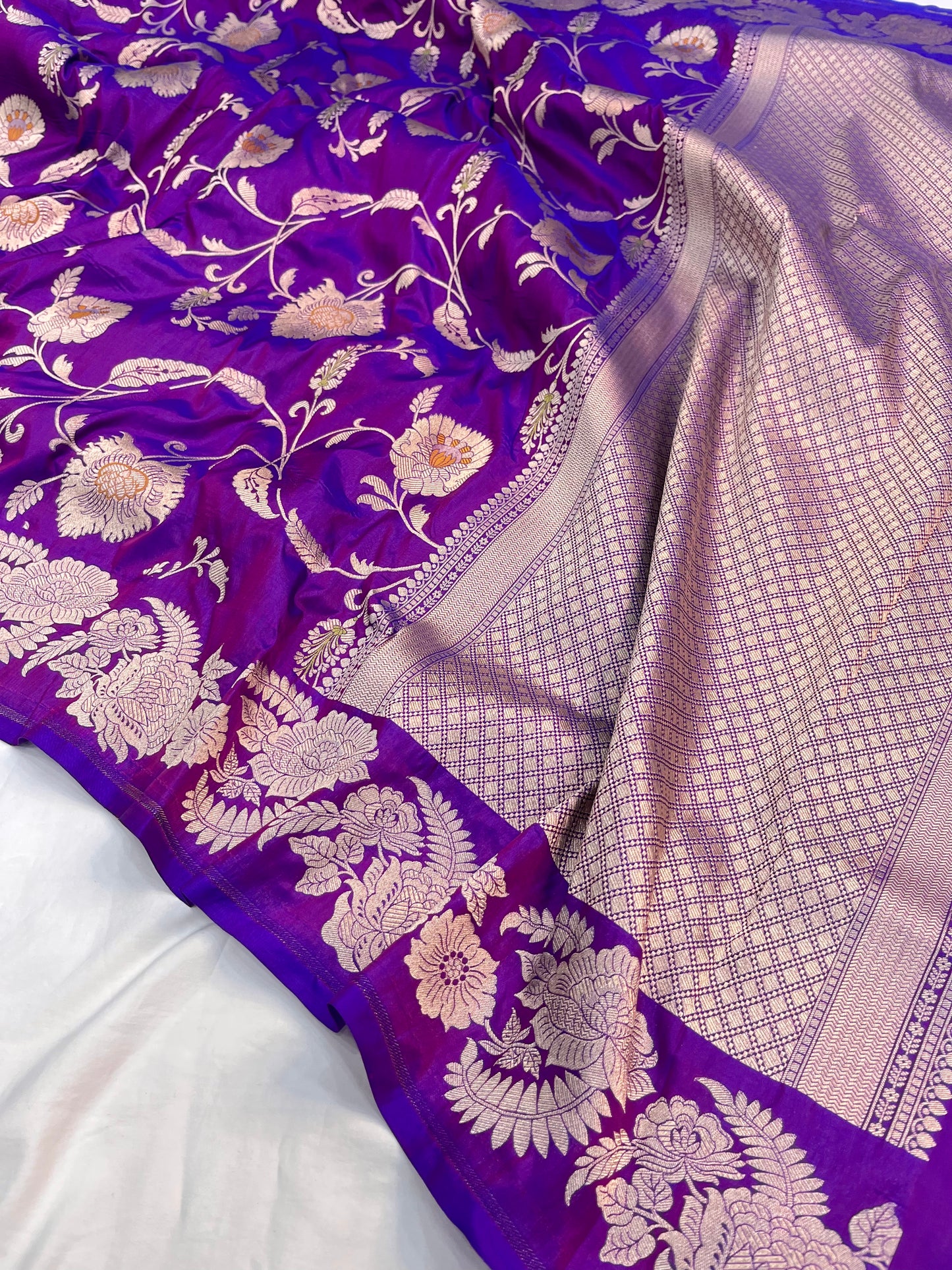Purple Banarasi Katan Silk Floral Jaal Work Saree