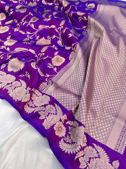 Purple Banarasi Katan Silk Floral Jaal Work Saree