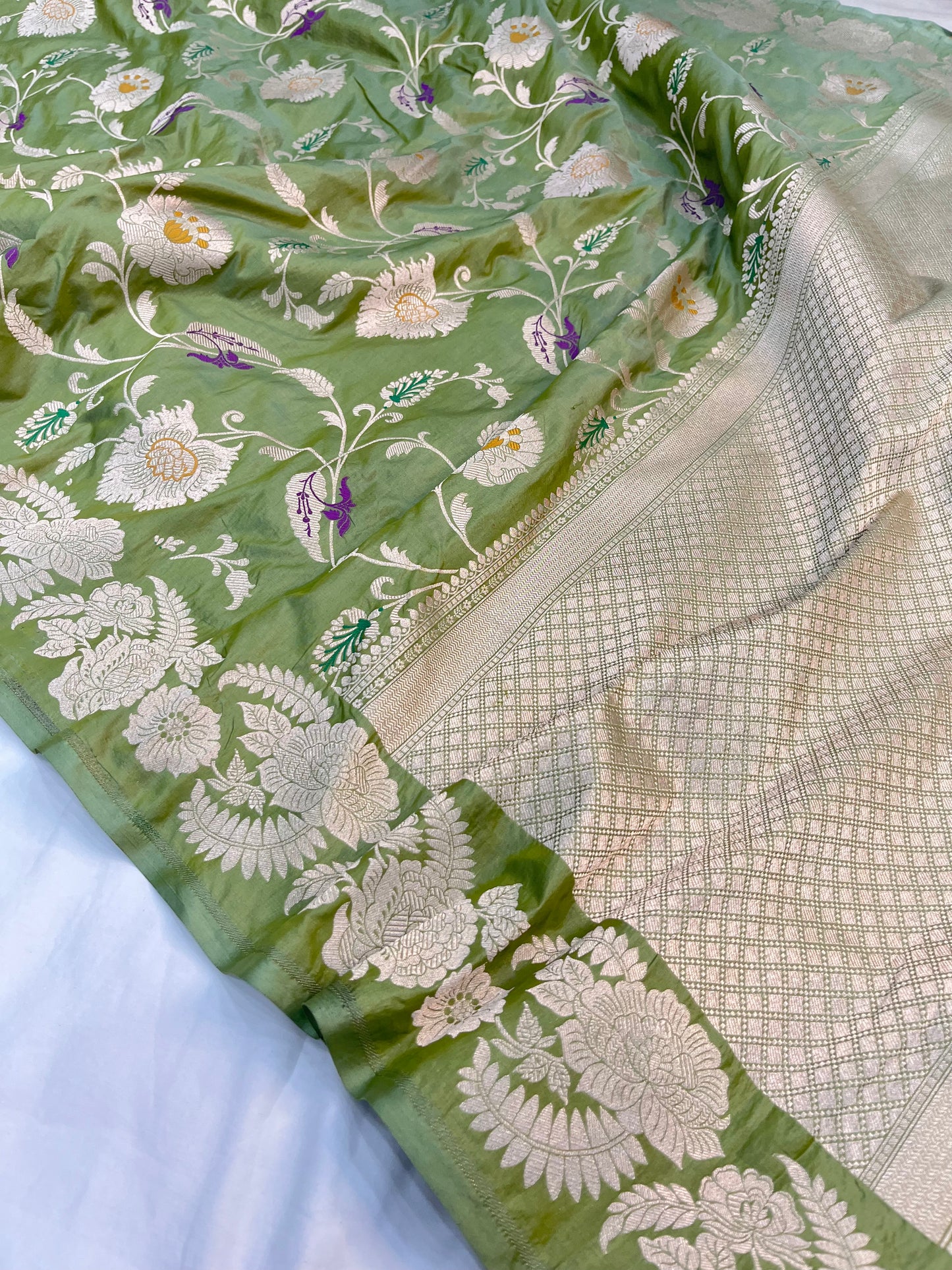 Pista Green Banarasi Floral Jaal Pure Katan Silk Saree with Golden Zari Weaving