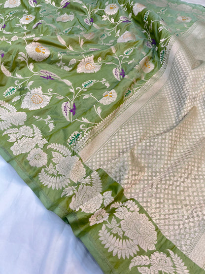 Pista Green Banarasi Floral Jaal Pure Katan Silk Saree with Golden Zari Weaving