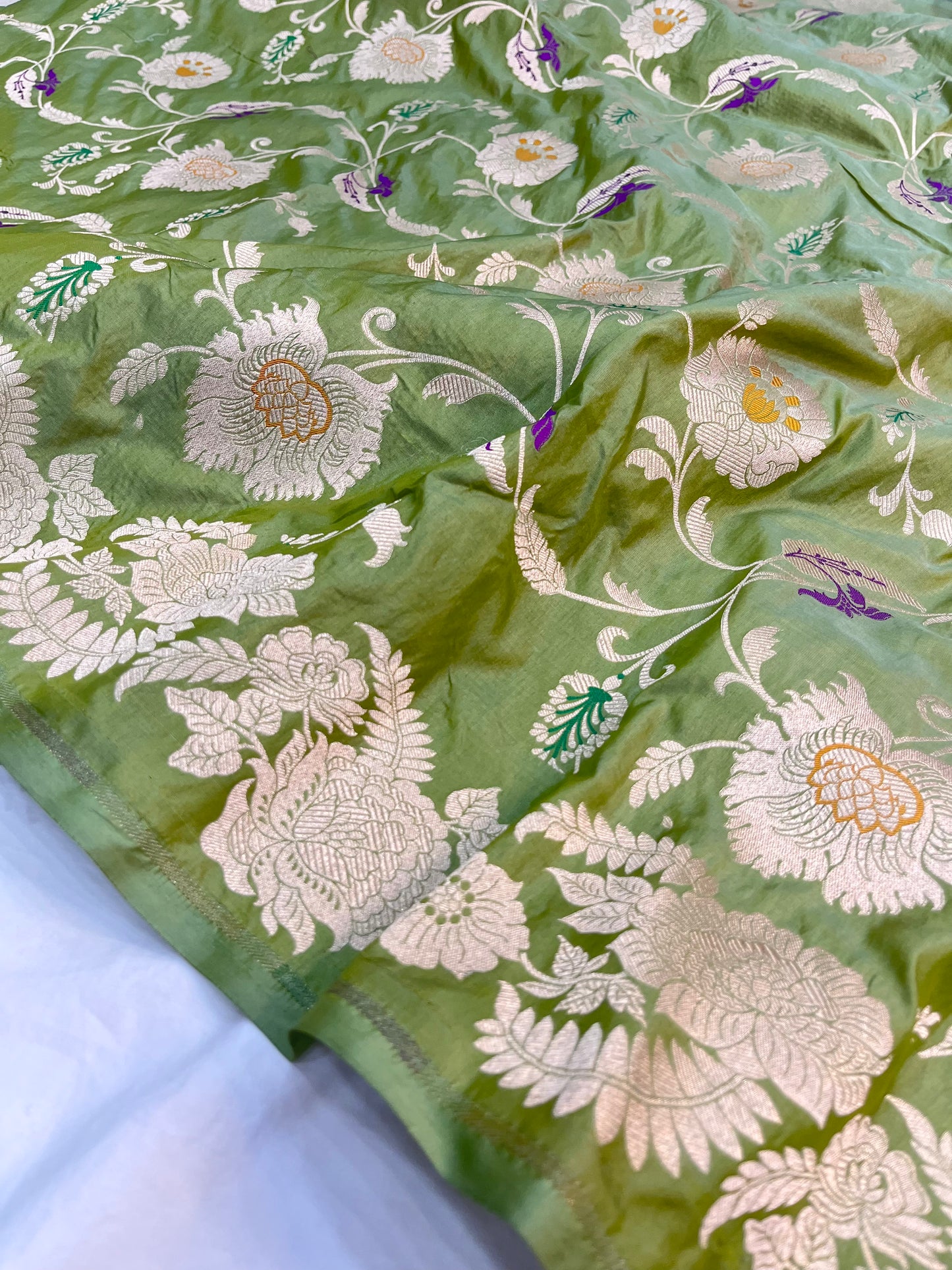 Pista Green Banarasi Floral Jaal Pure Katan Silk Saree with Golden Zari Weaving