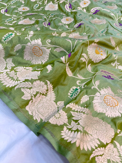 Pista Green Banarasi Floral Jaal Pure Katan Silk Saree with Golden Zari Weaving