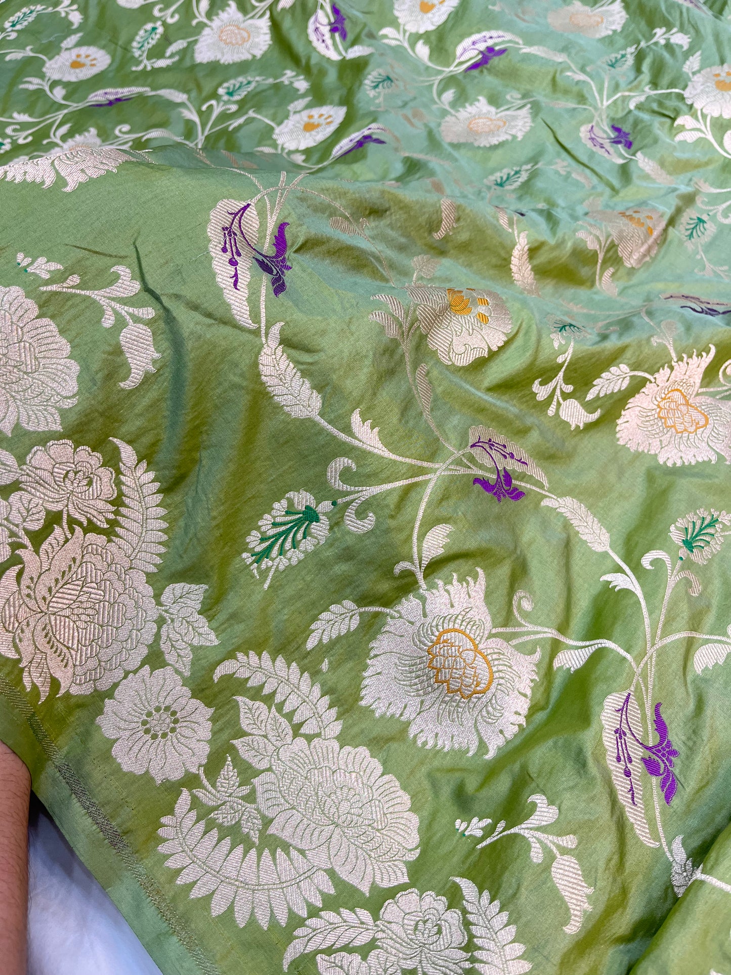 Pista Green Banarasi Floral Jaal Pure Katan Silk Saree with Golden Zari Weaving