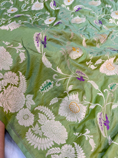 Pista Green Banarasi Floral Jaal Pure Katan Silk Saree with Golden Zari Weaving