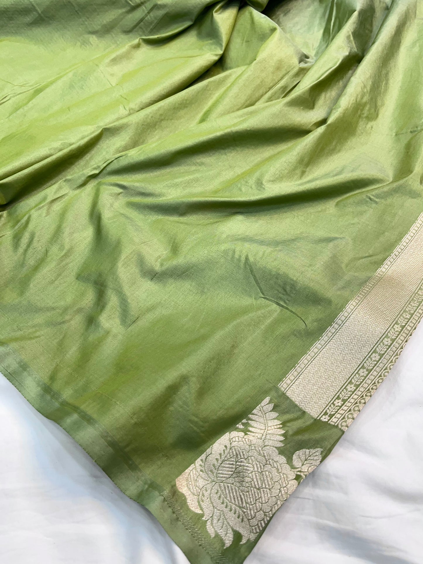 Pista Green Banarasi Floral Jaal Pure Katan Silk Saree with Golden Zari Weaving