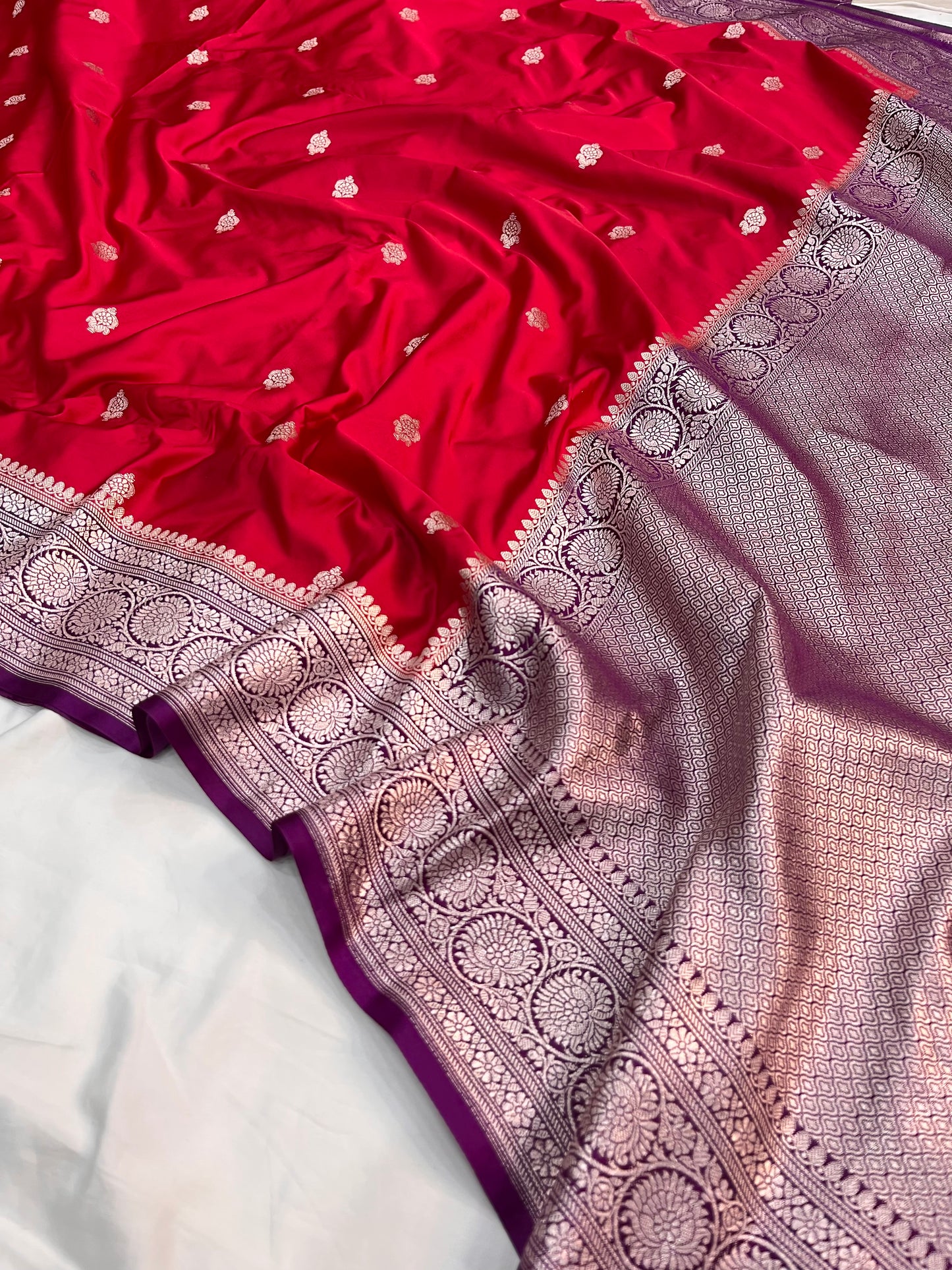 Red and Purple Banarasi Mashru Silk Saree with Copper Zari Weaving