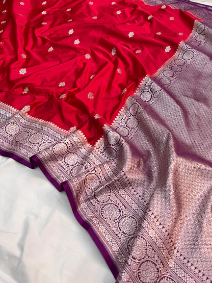 Red and Purple Banarasi Mashru Silk Saree with Copper Zari Weaving