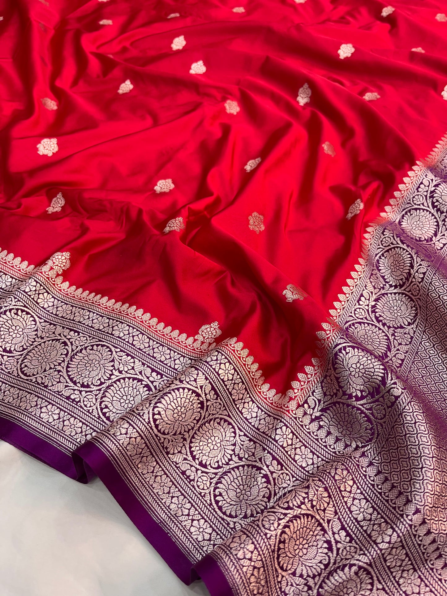 Red and Purple Banarasi Mashru Silk Saree with Copper Zari Weaving
