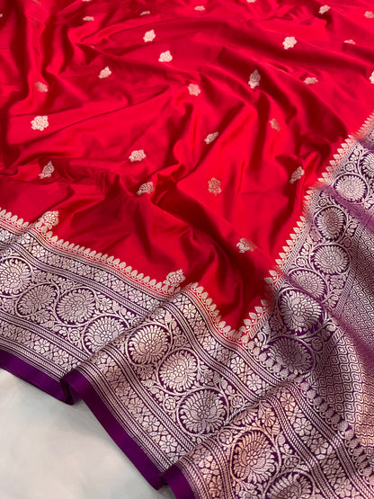 Red and Purple Banarasi Mashru Silk Saree with Copper Zari Weaving