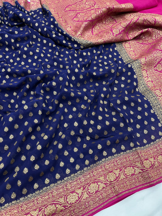 Dark blue pink khaddi Georgette saree