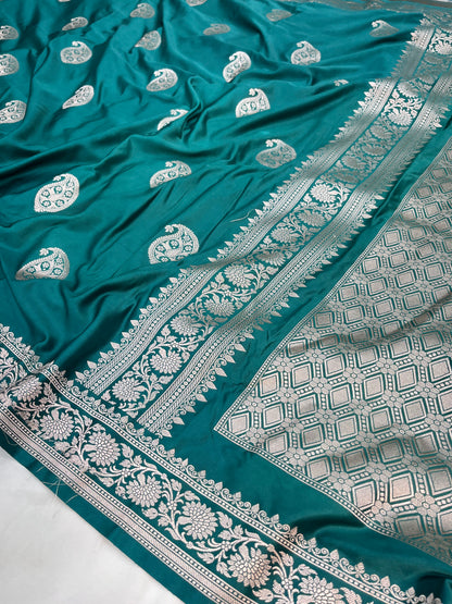 Teal Blue Banarasi Mashru Silk Saree with Mango Buta Design Saree
