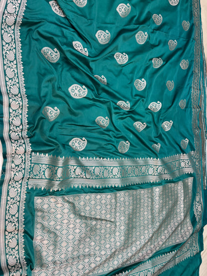 Teal Blue Banarasi Mashru Silk Saree with Mango Buta Design Saree